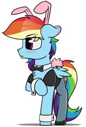 Size: 3240x4800 | Tagged: safe, artist:dacaoo, edit, rainbow dash, pegasus, pony, g4, blushing, bowtie, bunny ears, bunny suit, bunny tail, chest fluff, clothes, cuffs (clothes), cute, ear blush, eyebrows, eyebrows visible through hair, floppy ears, folded wings, leotard, looking away, nose wrinkle, pantyhose, raised hoof, simple background, textless edit, transparent background, wavy mouth, wings