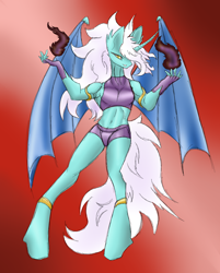 Size: 3048x3784 | Tagged: safe, artist:skygunner, oc, oc only, unnamed oc, alicorn, bat pony, bat pony alicorn, anthro, unguligrade anthro, alicorn oc, bat pony oc, bat wings, fire, high res, horn, long mane, solo, wings