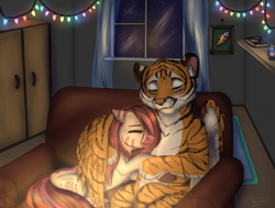 Size: 1920x1454 | Tagged: safe, artist:megabait, oc, oc only, big cat, pony, tiger, couch, flat, furry, hug, love, night, wings