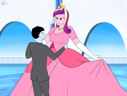 Size: 1024x768 | Tagged: safe, artist:egstudios93, princess cadance, oc, oc:gracefuleg, human, equestria girls, g4, clothes, crystal empire, dancing, dress, gown, size difference, tall