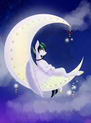 Size: 2864x3840 | Tagged: safe, artist:alrumoon_art, oc, oc only, pegasus, pony, crescent moon, female, high res, mare, moon, night, pegasus oc, solo, tangible heavenly object, transparent moon