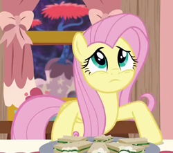 Size: 618x546 | Tagged: safe, screencap, fluttershy, pegasus, pony, discordant harmony, g4, season 7, cropped, cute, female, food, mare, sad, sandwich, shyabetes, solo