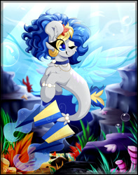 Size: 1280x1628 | Tagged: safe, artist:woonborg, oc, oc only, oc:bluecode, seapony (g4), starfish, blue eyes, bubble, collar, coral, ear fluff, eyelashes, fin wings, fish tail, flowing tail, jewelry, necklace, ocean, one eye closed, pearl necklace, seaweed, solo, sunlight, tail, underwater, water, wings, wink