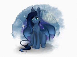 Size: 959x719 | Tagged: safe, artist:alrumoon_art, oc, oc only, oc:triple moon, bat pony, pony, abstract background, chest fluff, leonine tail, partially open wings, sitting, solo, tail, wings