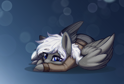 Size: 1964x1334 | Tagged: safe, artist:alrumoon_art, oc, oc only, oc:silver bullet, pegasus, pony, abstract background, clothes, eyebrows, eyebrows visible through hair, lying down, prone, solo