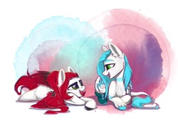 Size: 959x719 | Tagged: safe, artist:alrumoon_art, oc, oc only, oc:deathly forest, oc:snowflake, pegasus, pony, abstract background, duo, lying down, prone