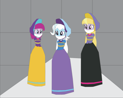 Size: 1003x797 | Tagged: safe, artist:caido58, fuchsia blush, lavender lace, trixie, equestria girls, g4, arm behind back, bondage, bound and gagged, cloth gag, gag, help us, long dress, tied up, trixie and the illusions