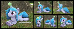 Size: 4335x1754 | Tagged: safe, artist:peruserofpieces, izzy moonbow, pony, unicorn, g5, ball, beanie, cute, female, hat, high res, irl, izzy's tennis ball, izzybetes, looking at you, lying down, mare, mouth hold, photo, plushie, prone, smiling, smiling at you, solo, sploot, tennis ball, tree