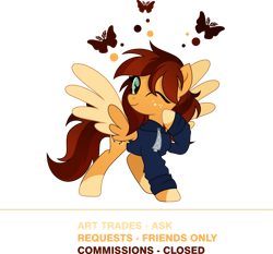 Size: 926x863 | Tagged: dead source, safe, artist:inaactive, oc, oc only, oc:goldi, butterfly, pegasus, pony, advertisement, art trade, clothes, coat markings, colored wings, commission, commission info, cute, drawstrings, freckles, hoodie, looking at you, movie accurate, multicolored wings, ocbetes, one eye closed, pegasus oc, profile, raised hoof, request, socks (coat markings), two toned mane, two toned wings, wings, wink, winking at you