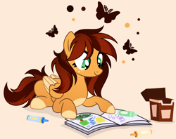 Size: 978x776 | Tagged: dead source, safe, artist:inaactive, edit, editor:php178, oc, oc only, oc:goldi, butterfly, pegasus, pony, art trade, box, coat markings, colored wings, coloring book, commission, crayon, cropped, cute, drawing, freckles, gradient mane, looking down, multicolored wings, ocbetes, pegasus oc, profile, request, smiling, socks (coat markings), two toned mane, two toned wings, wings