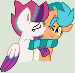 Size: 487x476 | Tagged: safe, artist:jadeharmony, artist:madzbases, hitch trailblazer, zipp storm, earth pony, pegasus, pony, g5, cheek kiss, clothes, duo, eyes closed, female, gray background, hug, kissing, male, mare, markings, ship:stormblazer, shipping, simple background, socks, stallion, straight, striped socks