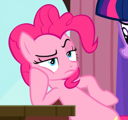 Size: 1073x1008 | Tagged: safe, edit, edited screencap, screencap, pinkie pie, twilight sparkle, alicorn, earth pony, pony, a trivial pursuit, g4, confession, eyebrows, eyelashes, hoof on hip, offscreen character, pinkie pie is not amused, twilight sparkle (alicorn), unamused