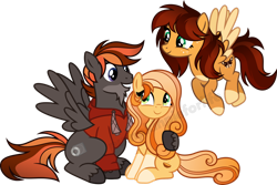 Size: 1920x1283 | Tagged: safe, artist:inaactive, oc, oc only, oc:goldi, oc:goldi's dad, oc:goldi's mom, pegasus, pony, beard, coat markings, facial hair, family, father and child, father and daughter, female, flying, gradient mane, happy, happy family, hoof around neck, looking at each other, looking down, male, mare, mother and child, mother and daughter, pegasus oc, sitting, smiling, socks (coat markings), stallion, two toned mane, two toned wings, vector, watermark, wings