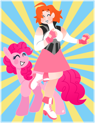 Size: 846x1091 | Tagged: safe, artist:fossilfiend, pinkie pie, earth pony, human, g4, clothes, corset, crossover, eyes closed, happy, nora valkyrie, pink, red hair, rwby, short hair, skirt, smiling
