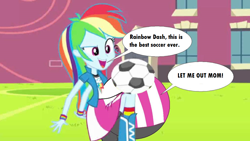 Size: 1024x576 | Tagged: safe, artist:voreediter, edit, edited screencap, screencap, rainbow dash, equestria girls, g4, my little pony equestria girls, 1000 hours in ms paint, abomination, canterlot high, circle tool, cursed image, daughter, dialogue, eaten alive, endosoma, female, fetish, football, humans eating ponies, mother, mother and child, mother and daughter, non-fatal vore, preddash, preydash, soccer field, sports, vore, wat