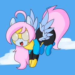 Size: 1500x1500 | Tagged: safe, artist:fullmetalpikmin, oc, oc:rickety rails, pegasus, pony, clothes, costume, flying, invincible