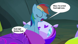 Size: 1024x576 | Tagged: safe, artist:voreediter, edit, edited screencap, screencap, rainbow dash, pegasus, pony, g4, 1000 hours in ms paint, bed, daughter, dialogue, eaten alive, endosoma, female, implied windy whistles, mother, mother and child, mother and daughter, non-fatal vore, preddash, preydash, sleeping, vore