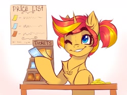 Size: 1280x960 | Tagged: safe, artist:falafeljake, oc, oc only, oc:sunlight ray, oc:sunlight ray (bronukon), pony, unicorn, bronukon, bronukon 2021, bronukon next, cute, mascot, not sunset shimmer, solo, ticket, vk