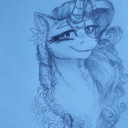 Size: 918x918 | Tagged: safe, artist:xneodrago, rarity, pony, unicorn, g4, bedroom eyes, bust, chest fluff, ear fluff, female, mare, smiling, solo, traditional art