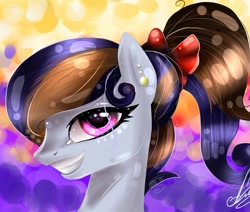 Size: 738x625 | Tagged: safe, artist:art_by_toffeety, oc, oc only, earth pony, pony, abstract background, bust, ear piercing, earth pony oc, grin, piercing, signature, smiling