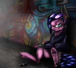 Size: 702x625 | Tagged: safe, artist:art_by_toffeety, oc, oc only, earth pony, pony, clothes, earth pony oc, eye scar, frog (hoof), graffiti, hoodie, outdoors, scar, signature, sitting, smiling, smirk, solo, underhoof