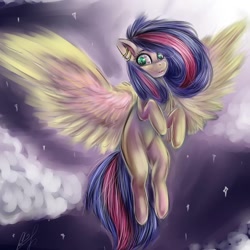 Size: 1080x1080 | Tagged: safe, artist:art_by_toffeety, oc, oc only, pegasus, pony, cloud, female, flying, mare, night, pegasus oc, signature, spread wings, stars, wings