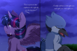 Size: 3000x2000 | Tagged: safe, artist:papilrux, twilight sparkle, alicorn, bird, pony, anthro, g4, aeroplanes and meteor showers, airplanes (song), anthro with ponies, crack shipping, crossover, crossover shipping, crying, female, high res, male, mare, meme, mordecai, mordetwi, outdoors, redraw mordetwi meme, regular show, shipping, straight, twilight sparkle (alicorn)