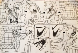 Size: 2960x1997 | Tagged: safe, artist:beamybutt, oc, oc only, oc:moonbeam, alicorn, pony, alicorn oc, comic, dialogue, female, grayscale, horn, lineart, mare, monochrome, signature, traditional art, wings