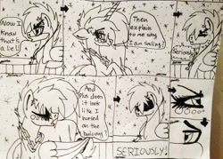 Size: 2717x1942 | Tagged: safe, artist:beamybutt, oc, oc only, oc:moonbeam, alicorn, pony, alicorn oc, comic, dialogue, female, grayscale, horn, lineart, mare, monochrome, signature, traditional art, wings