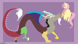 Size: 10207x5792 | Tagged: safe, artist:misskanabelle, discord, fluttershy, draconequus, pegasus, pony, g4, abstract background, absurd resolution, female, flying, male, mare, signature