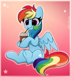 Size: 3765x4096 | Tagged: safe, artist:kittyrosie, rainbow dash, pegasus, pony, g4, blushing, cute, dashabetes, drink, drinking, female, food, frappuccino, gradient background, high res, mare, sitting, solo, spread wings, sprinkles, stars, straw, wings