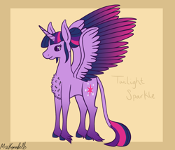 Size: 1750x1500 | Tagged: safe, artist:misskanabelle, twilight sparkle, alicorn, classical unicorn, pony, g4, abstract background, alternate design, chest fluff, cloven hooves, female, hoof fluff, horn, leonine tail, mare, smiling, solo, story included, twilight sparkle (alicorn), unshorn fetlocks, wings