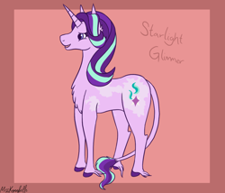 Size: 1750x1500 | Tagged: safe, artist:misskanabelle, starlight glimmer, classical unicorn, pony, unicorn, g4, abstract background, alternate design, chest fluff, cloven hooves, female, horn, leonine tail, mare, solo, story included, unshorn fetlocks