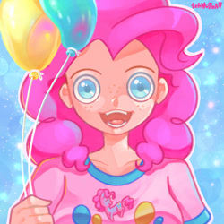 Size: 1280x1280 | Tagged: safe, artist:tehnutball, pinkie pie, human, g4, balloon, bust, clothes, colored pupils, creepy, female, freckles, humanized, open mouth, party balloon, shirt, solo, t-shirt, thousand yard stare, uncanny valley