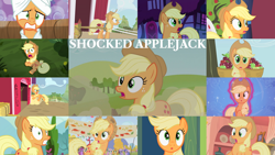 Size: 1280x721 | Tagged: safe, edit, edited screencap, editor:quoterific, screencap, applejack, berry punch, berryshine, carrot top, cherry berry, golden harvest, lemon hearts, rainbowshine, sea swirl, seafoam, twinkleshine, earth pony, pony, unicorn, a bird in the hoof, apple family reunion, applebuck season, applejack's "day" off, do princesses dream of magic sheep, fall weather friends, g4, griffon the brush off, honest apple, it ain't easy being breezies, look before you sleep, made in manehattan, over a barrel, party of one, season 1, season 2, season 3, season 4, season 5, season 6, season 7, the cutie pox, :o, apple, applejack's hat, cowboy hat, female, food, golden oaks library, hat, mare, open mouth, scared, shocked, shocked expression, solo, sweet apple acres, sweet apple acres barn, tree, wagon, wide eyes