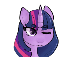 Size: 800x600 | Tagged: safe, artist:bukabeans, twilight sparkle, pony, g4, beanbrows, bust, eyebrows, eyebrows visible through hair, female, mare, one eye closed, simple background, solo, transparent background