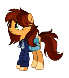 Size: 751x851 | Tagged: safe, artist:inaactive, edit, editor:php178, oc, oc only, oc:goldi, pegasus, pony, background removed, bag, blue, clothes, coat markings, drawstrings, female, freckles, gradient mane, green eyes, hoodie, looking up, mare, nervous, pegasus oc, saddle bag, simple background, socks (coat markings), standing, sticker, transparent background, two toned mane, two toned wings, wings