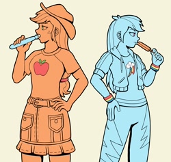 Size: 2244x2125 | Tagged: safe, artist:ecchiorange0317, applejack, rainbow dash, human, equestria girls, equestria girls series, appledash, digital art, female, food, hand on hip, high res, holding, ice cream, lesbian, licking, looking to side, monochrome, popsicle, profile, shipping, simple background, standing, sweatband, tongue out