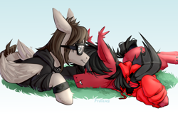 Size: 1500x978 | Tagged: safe, artist:ilovefraxus, bat pony, pegasus, pony, bat wings, clothes, commission, ear fluff, eyes closed, fall out boy, fangs, floppy ears, folded wings, gay, glasses, grass, happy, hoodie, jewelry, lying down, male, mikey way, my chemical romance, necklace, on side, outdoors, pete wentz, ponified, prone, shipping, smiling, stallion, tattoo, wings, wristband, ych result