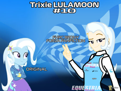 Size: 2160x1620 | Tagged: safe, artist:forzaveteranenigma, trixie, human, fanfic:equestria motorsports, equestria girls, g4, comparison, ear piercing, earring, human coloration, humanized, jewelry, looking at someone, looking at you, piercing, racing suit, smiling, smirk, watermark