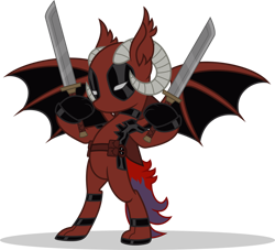 Size: 1280x1162 | Tagged: safe, artist:mlp-trailgrazer, oc, oc only, oc:kage, dracony, dragon, hybrid, clothes, cosplay, costume, deadpool, simple background, solo, sword, transparent background, weapon