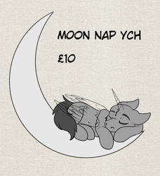 Size: 1547x1696 | Tagged: safe, artist:rokosmith26, pony, advertisement, advertising, any species, commission, commission info, crescent moon, eyes closed, floppy ears, folded wings, horn, lying down, moon, simple background, sleeping, solo, tail, text, wings, your character here
