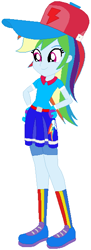 Size: 218x600 | Tagged: safe, artist:selenaede, artist:user15432, rainbow dash, human, equestria girls, g4, base used, base:selenaede, baseball cap, belt, blue dress, cap, clothes, cutie mark, cutie mark on clothes, gloves, golf, hand on hip, hat, rainbow socks, red hat, shoes, sneakers, socks, solo, sports, sports outfit, sporty style, striped socks