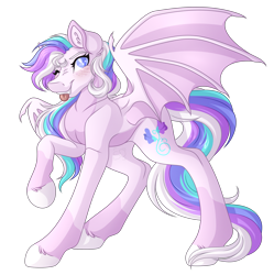 Size: 3288x3300 | Tagged: safe, artist:amazing-artsong, oc, oc only, oc:sweet pea, bat pony, pony, female, high res, mare, one eye closed, raised hoof, simple background, solo, transparent background, wink