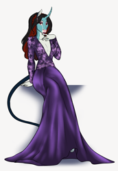 Size: 1546x2243 | Tagged: safe, artist:blackblood-queen, oc, oc only, oc:annie belle, dracony, dragon, hybrid, unicorn, anthro, unguligrade anthro, absolute cleavage, alternate universe, anthro oc, beautiful, beautisexy, bedroom eyes, blaze (coat marking), braid, breasts, cleavage, clothes, cloven hooves, coat markings, curved horn, digital art, dress, ear piercing, earring, elegant, eyelashes, eyeshadow, facial markings, fangs, female, finger to mouth pose, freckles, horn, jewelry, leonine tail, lips, lipstick, looking at you, makeup, pale belly, piercing, ring, seductive, sexy, simple background, sitting, slit pupils, solo, two toned mane, unicorn oc, wedding ring, willowverse