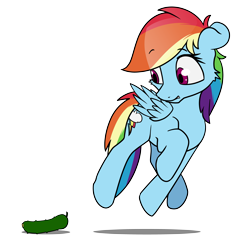 Size: 5000x4800 | Tagged: safe, artist:dacaoo, rainbow dash, pegasus, pony, g4, behaving like a cat, cat scared of cucumber, cheek fluff, cucumber, floppy ears, food, jumping, rainbow cat, simple background, solo, startled, transparent background
