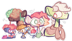 Size: 2878x1621 | Tagged: safe, artist:dazey-the-goat, oc, oc:blue cheese, oc:cinnamon suncrisp, oc:johnny jubilee, oc:snowy apple, oc:spring green, oc:triple threat, earth pony, pony, apple family member, apron, baby, baby pony, bowtie, clothes, crack ship offspring, freckles, hair over eyes, offspring, parent:apple bloom, parent:apple brown betty, parent:apple split, parent:big macintosh, parent:blue bobbin, parent:cheerilee, parent:doctor whooves, parent:roseluck, parent:rumble, simple background, sweater, transparent background