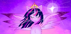 Size: 7112x3474 | Tagged: safe, twilight sparkle, alicorn, pony, g4, crown, female, jewelry, mare in the moon, moon, night, regalia, solo, sparkles, spread wings, stars, twilight sparkle (alicorn), wings