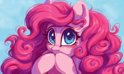 Size: 1200x715 | Tagged: safe, artist:amishy, pinkie pie, earth pony, pony, g4, big eyes, blushing, bust, covering mouth, cute, diapinkes, female, hoof over mouth, looking at you, mare, ponk, poofy mane, portrait, solo, three quarter view, weapons-grade cute