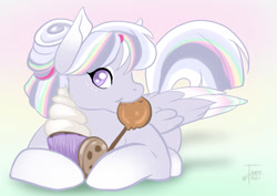 Size: 1228x868 | Tagged: safe, artist:isuna, oc, oc only, oc:opal, pegasus, pony, cookie, female, food, lying down, mare, mouth hold, prone, solo